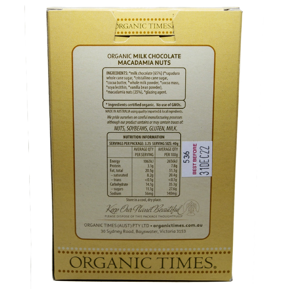 ORGANIC TIMES CHOC COATED MACADAMIA NUTS