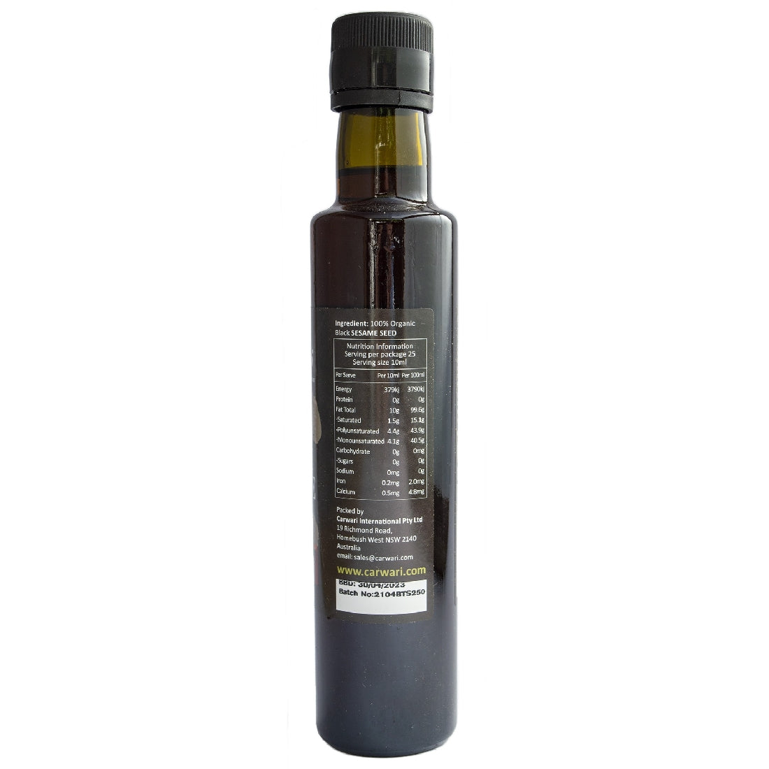 CARWARI TOASTED BLACK SESAME OIL - 250ML ORGANIC COLD PRESSED