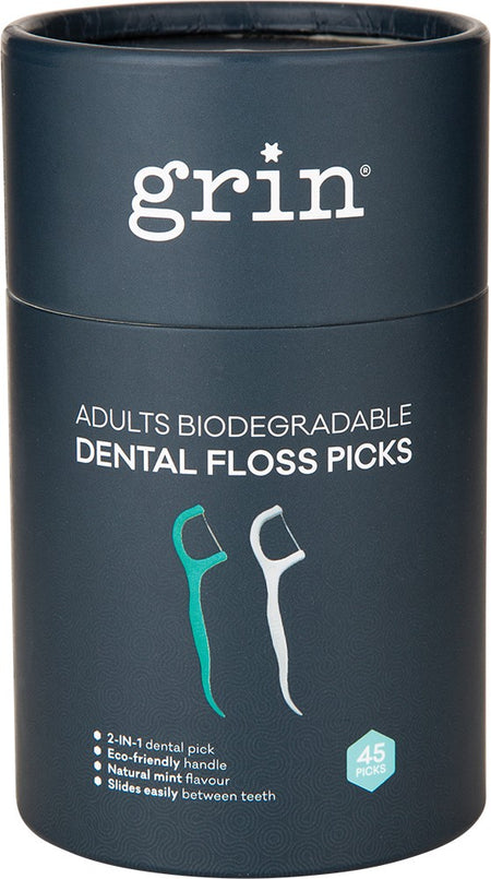 GRIN BIODEGRADABLE DENTAL FLOSS PICKS - ADULTS 45 PICKS